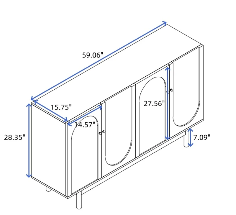 4-Door Intaglio Storage Cabinet with Pine Legs, Solid Wood Pulls, Adjustable Shelves, and MDF, 59.06"L x 15.75"W x 32.43"H, Mint Green