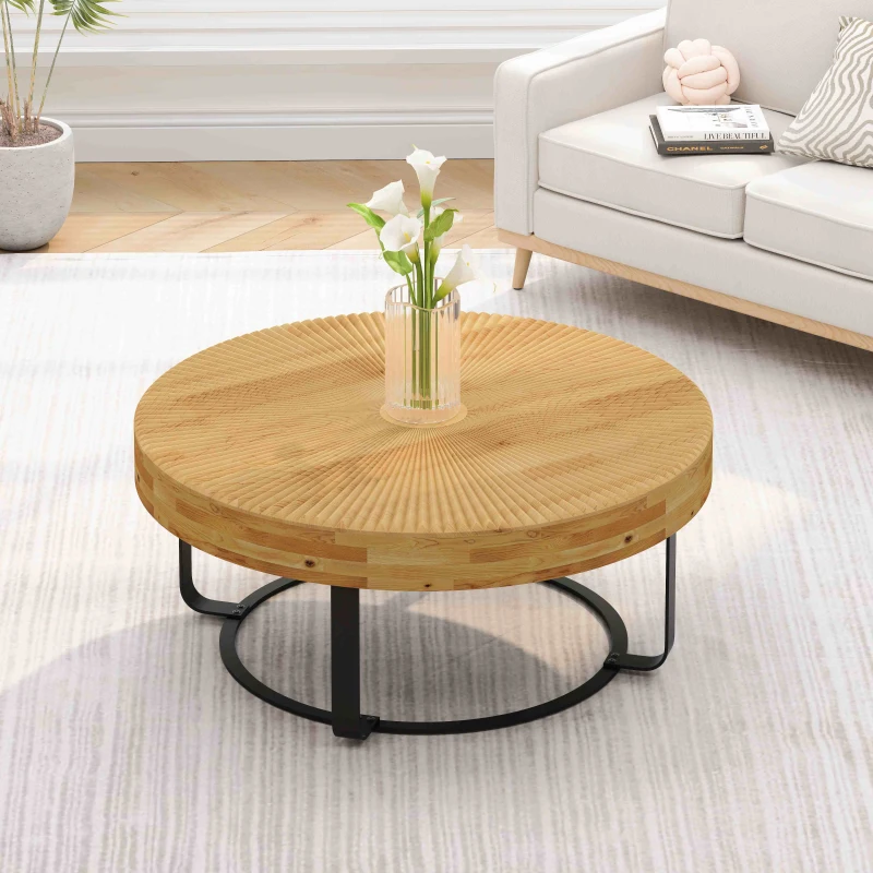 Modern Round Coffee Table with Carved Pine Top and Metal Legs, Easy Assembly, 31.5" Diameter for Living Room, Office, Reception Room, Natural+Black