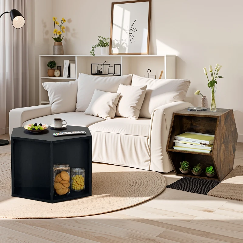 Hexagonal Coffee Table Side Table Nightstand, Antique Wood, MDF, Multiple Layouts, 23.62'' x 23.62'' x 15.74'', Antique brown
