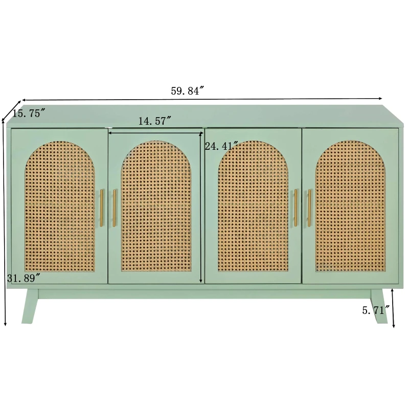 Modern 4-Door Cabinet with Rattan Decorative Doors, Versatile Storage Solution for Bedroom, Living Room, Office, Easy Assembly, 59.84"L x 15.75"W x 31.89"H, Mint Green