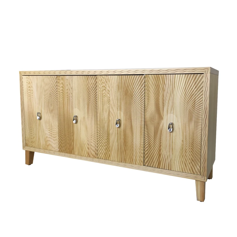 Vintage 4 Door Storage Cabinet, Carved Scatter Pattern Dining Sideboard, Large Buffet with Adjustable Shelves, Multifunctional Accent Cabinet, 59.84" x 15.75" x 31.89", Natural