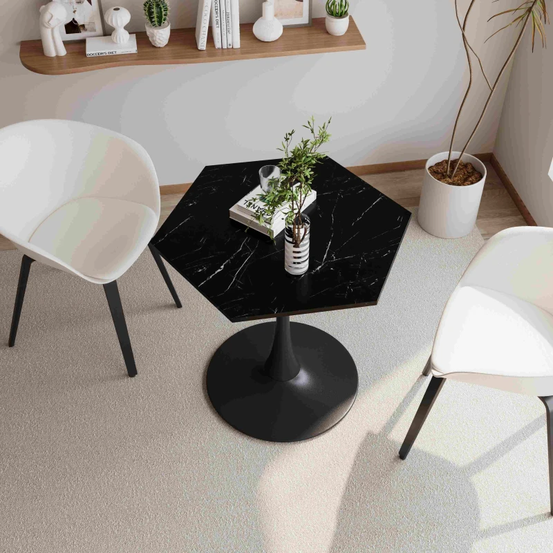 31.5" Modern Hexagonal Coffee Table with Printed Black Marble Top, Metal Base, Easy Assembly, and 220 lbs Weight Capacity, Black