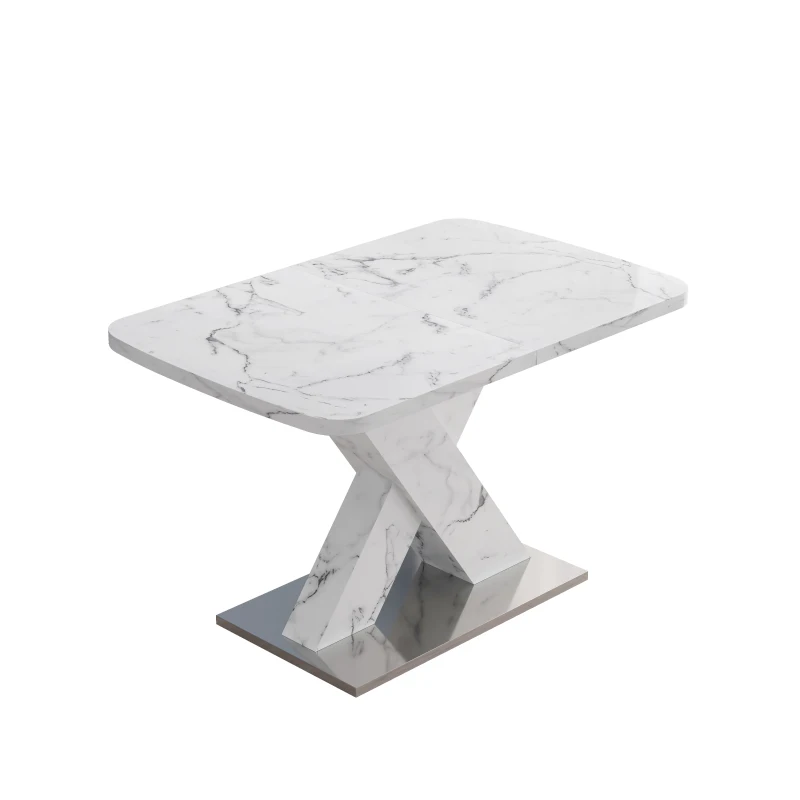 Modern Square Dining Table, Stretchable Printed White Marble Table Top, MDF X-Shape Table Leg with Metal Base, 62.99"L x 31.5"W x 30.12"H, White