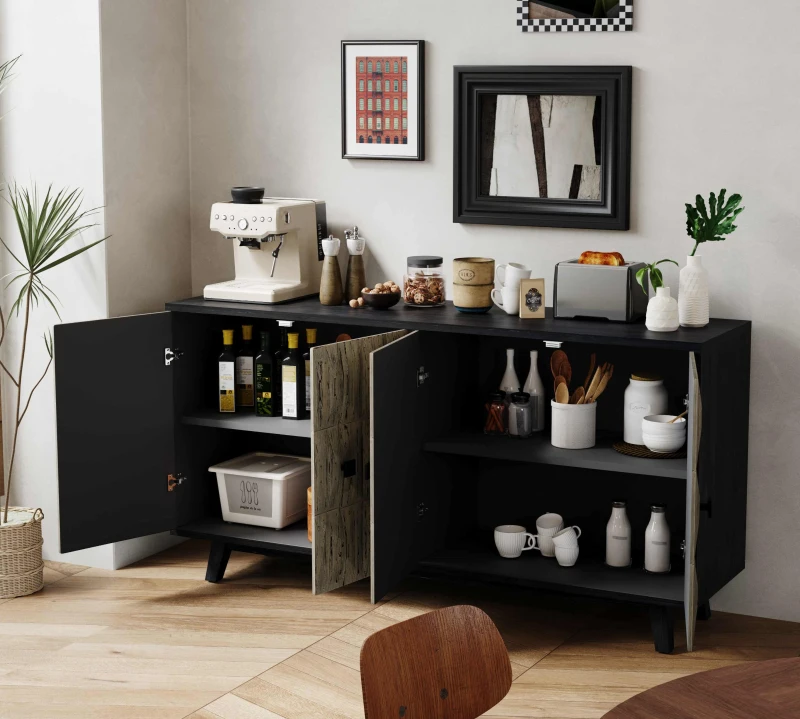 59.84" 4-Door Vintage Sideboard, Freestanding Storage Cabinet with Adjustable Shelves and Metal Handles for Living Room, Office, Bedroom, Black