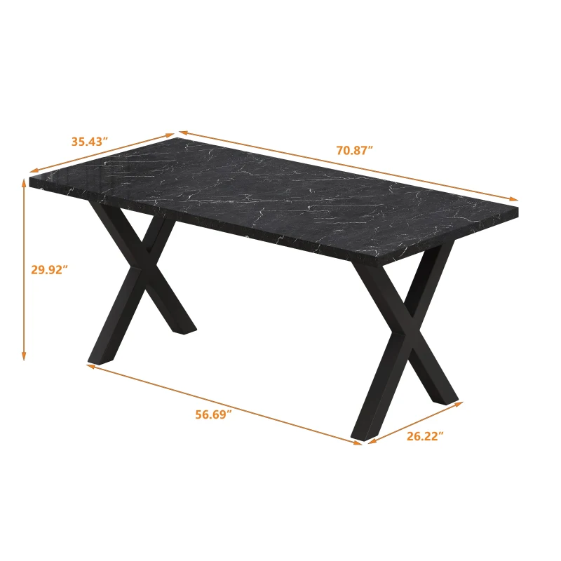 70.87" Modern Square Dining Table with Printed Black Marble Table Top and X-Shape Metal Legs, Easy Assembly, 220 lbs Weight Capacity, Black