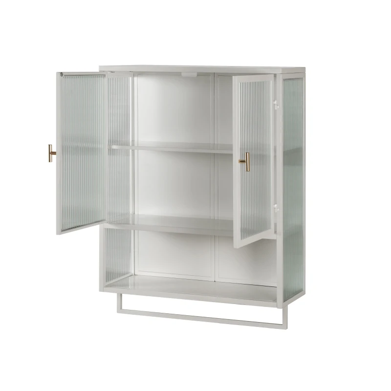 23.62" Modern Wall Cabinet with Glass Doors, Two-Tier Enclosed Storage, Open Shelf, and Towel Rack for Bathroom, Dining Room, 23.62"L x 9.06"W x 30.71"H, White