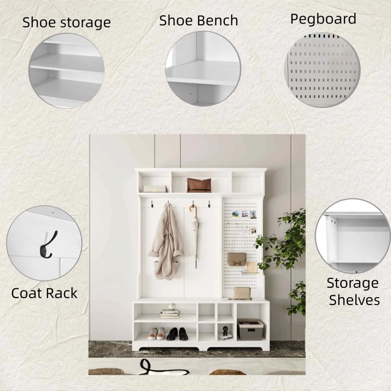Hall Tree with Shoe Bench, Coat Rack, Storage Shelves, and Pegboard, 57.48"L x 14.96"W x 77.17"H, White