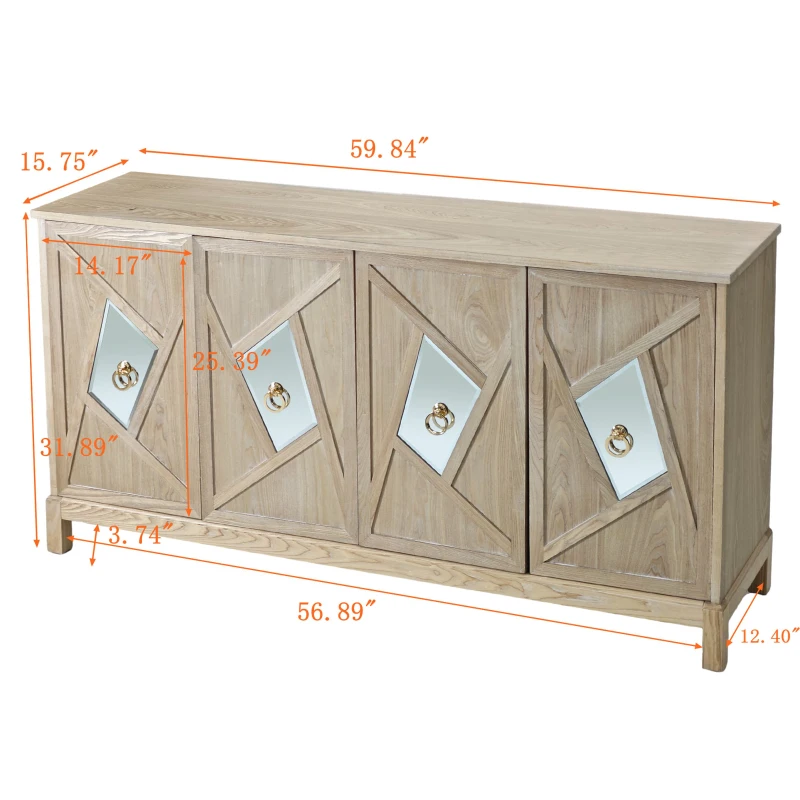 Modern 4-Door Cabinet with Mirrored Decorative Doors, Ample Storage, Solid Wood Legs, Easy Assembly, 59.84"L x 15.75"W x 31.89"H, Wood