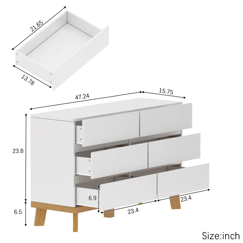 47.24" 6-Drawer MDF Storage Cabinet, Modern Design with Ample Storage Space, Durable Construction, Easy Assembly, White