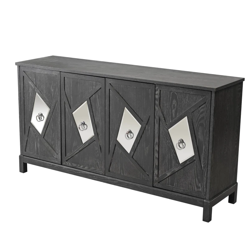 Modern 4-Door Cabinet with Mirrored Decorative Doors, Ample Storage, Easy Assembly, 59.84"L x 15.75"W x 31.89"H, Grey