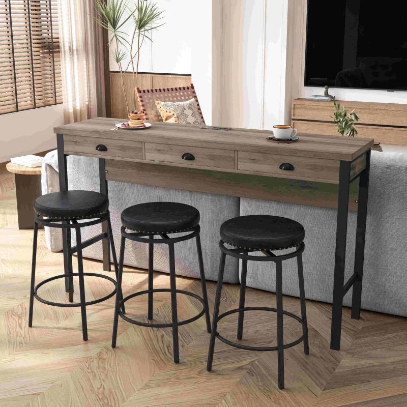 3-Drawer Long Dining Table Set with Power Outlets, Circular PU Stools, Easy Assemble, 60.24"L x 15.75"W x 35.43"H, Black