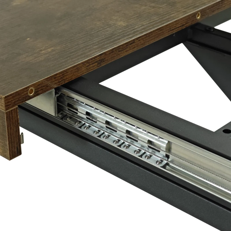 Retro Rectangular Stretch Dining Table, Antique Wood Top, Black Iron Base, with Storage Box, 55.11"-70.86", Black Brown