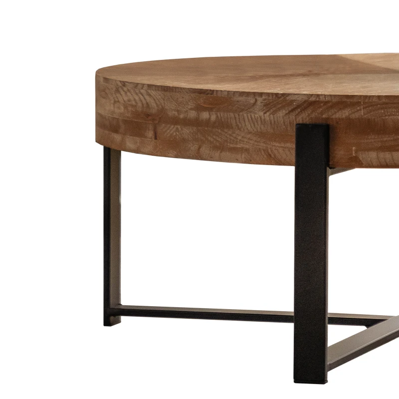 31.29" Modern Retro Splicing Round Coffee Table, Fir Wood Table Top with Black Cross Legs Base, Easy Assembly and Maintenance, Black
