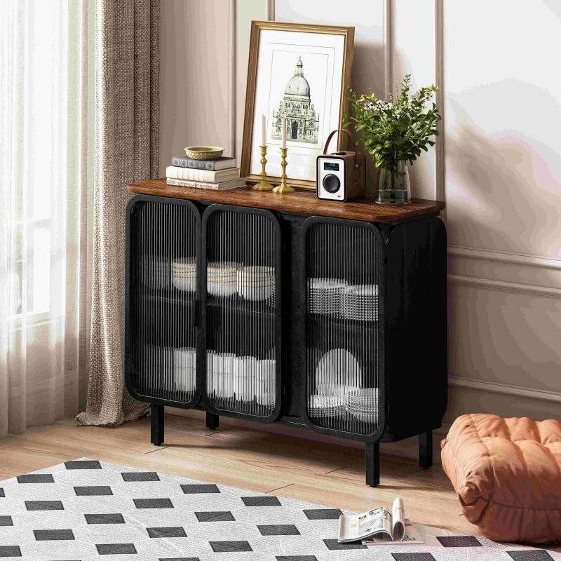 40.94" Glass Doors Modern Three-Door Cabinet with Two-Tier Storage and Fir Wood Top for Entryway, Living Room, Home Office, Dining Room, Black+Brown