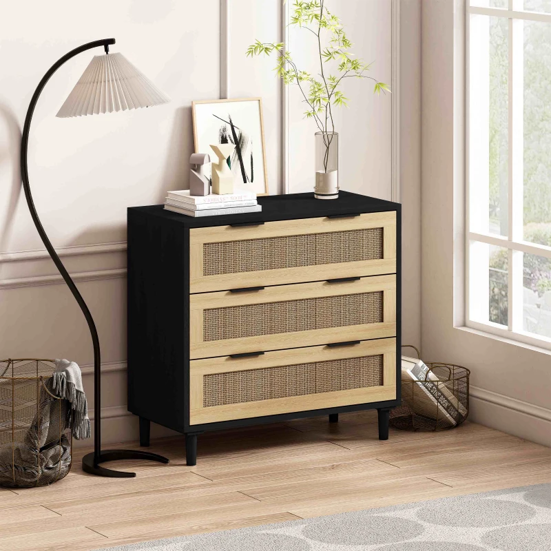 31.5" Rattan Storage Cabinet with 3 Drawers, Modern Design, MDF and Real Wood Legs, Metal Handles, Anti-Tip Safety, for Bedroom, Living Room, Hallways, Black