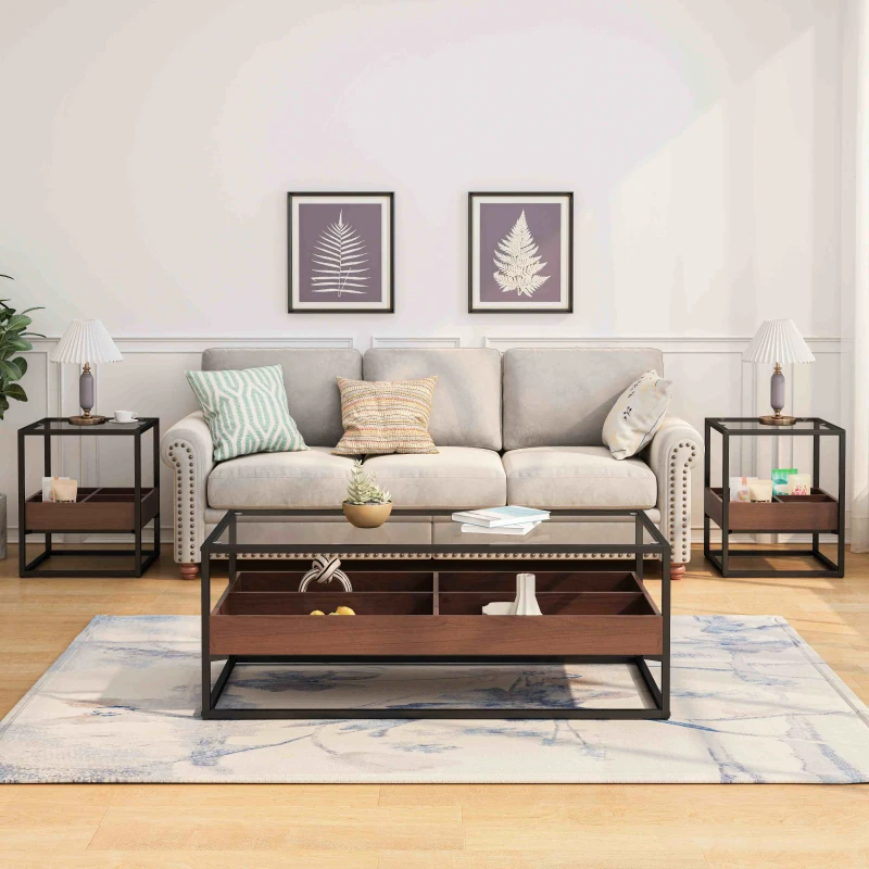 17.72" Modern Glass Coffee Table Set of 2, Nightstand with Storage Shelf and Metal Legs for Bedroom, Living Room, 17.72" L x 17.72" W x 21.65" H, Black