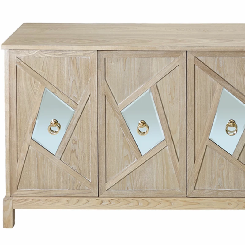 Modern 4-Door Cabinet with Mirrored Decorative Doors, Ample Storage, Solid Wood Legs, Easy Assembly, 59.84"L x 15.75"W x 31.89"H, Wood
