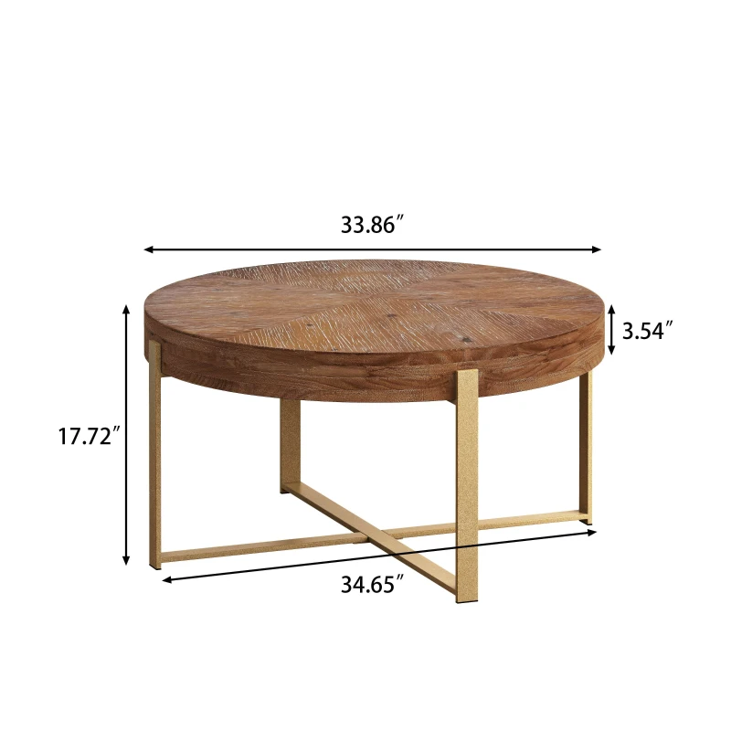 33.86" Modern Retro Splicing Round Coffee Table, Fir Wood Table Top with Gold Cross Legs Base, Easy Assembly and Maintenance, Gold