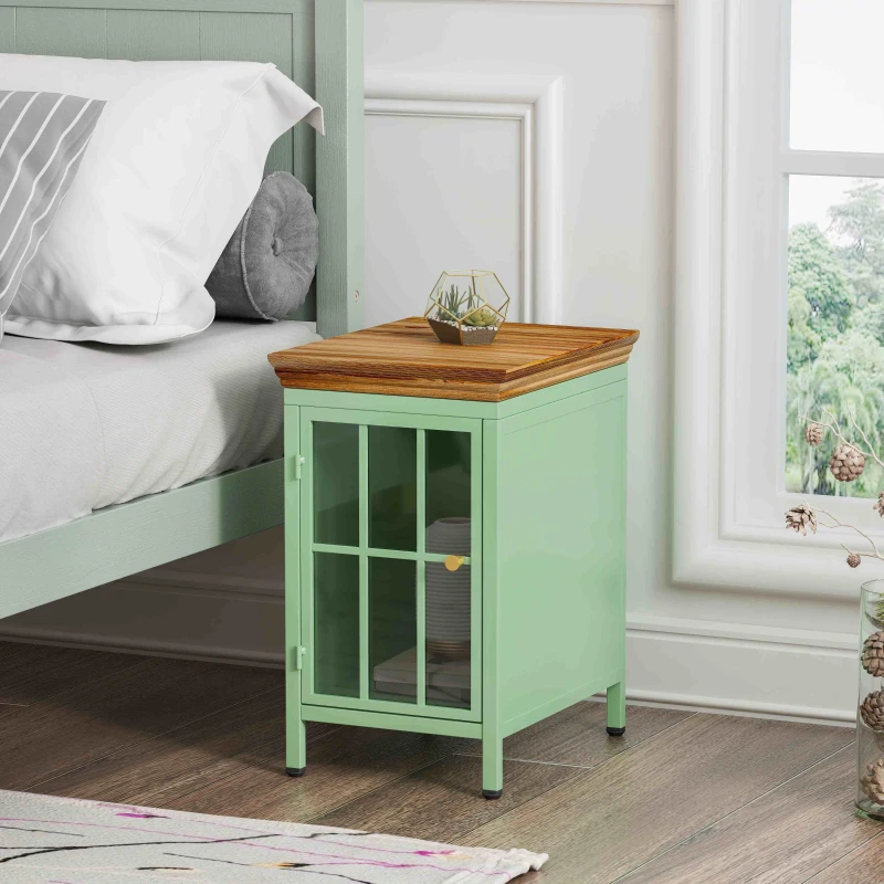 Nightstand with Storage Cabinet & Solid Wood Tabletop, Bedside Table, Sofa Side Coffee Table for Bedroom, Living Room, Set of 2, 12.2"L x 15.75"W x 20.08"H, Green