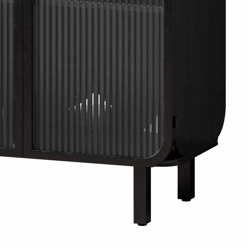 28.35" Glass Doors Modern Two-Door Cabinet with Three-Tier Storage and Fir Wood Top for Entryway, Living Room, Home Office, Dining Room, Black+Brown