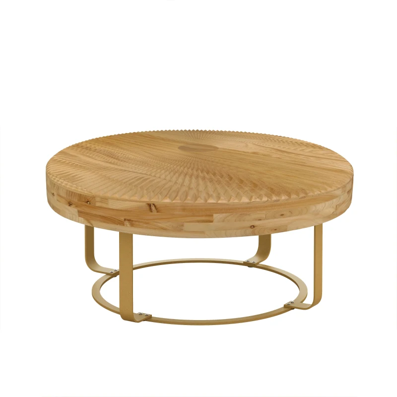 Modern Round Coffee Table, Wooden Carving Pattern with Metal Legs, Pine and MDF, 31.5"x31.5"x13.78", Natural+Gold