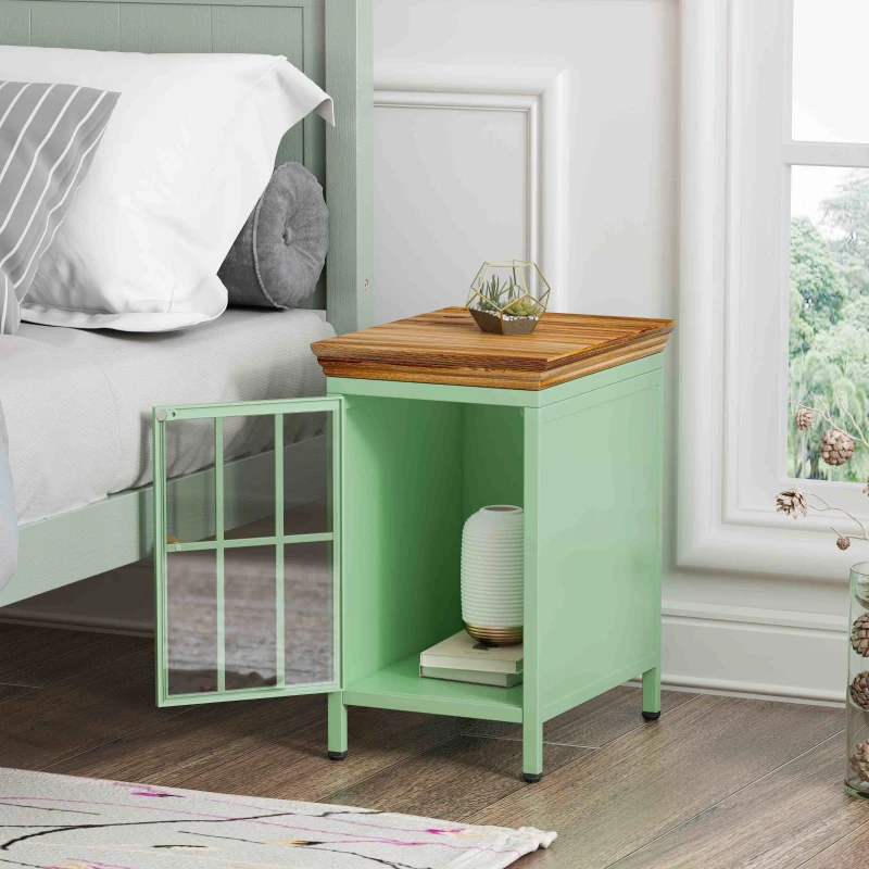 Nightstand with Storage Cabinet & Solid Wood Tabletop, Bedside Table, Sofa Side Coffee Table for Bedroom, Living Room, Set of 2, 12.2"L x 15.75"W x 20.08"H, Green