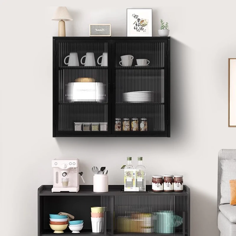 27.56" Modern Two-Door Wall Cabinet with Three-Tier Storage, Fluted Tempered Glass Doors, and Adjustable Shelves for Entryway, Living Room, Bathroom, Dining Room, Black