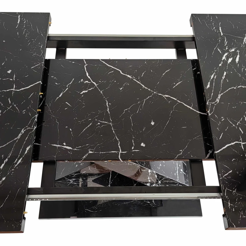 Modern Square Dining Table, Stretchable Printed Black Marble Table Top, MDF X-Shape Legs with Metal Base, 62.99"L x 31.5"W x 30.12"H, Black