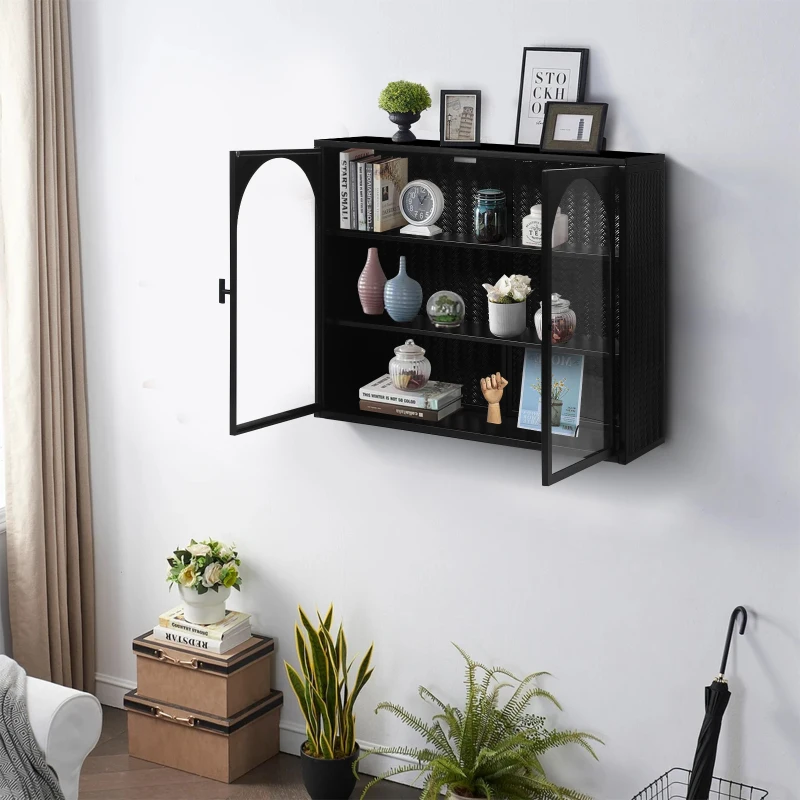 27.56" Modern Two-Door Wall Cabinet with Glass Doors, Three-Tier Storage, and Woven Pattern for Entryway, Living Room, Bathroom, Dining Room, Black