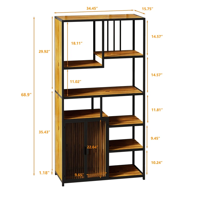 Multipurpose Bookshelf Storage Rack with Enclosed Cabinet, 7 Shelves, Fir Wood and Iron Frame, 34.45"L x 15.75"W x 68.9"H, Black+Brown