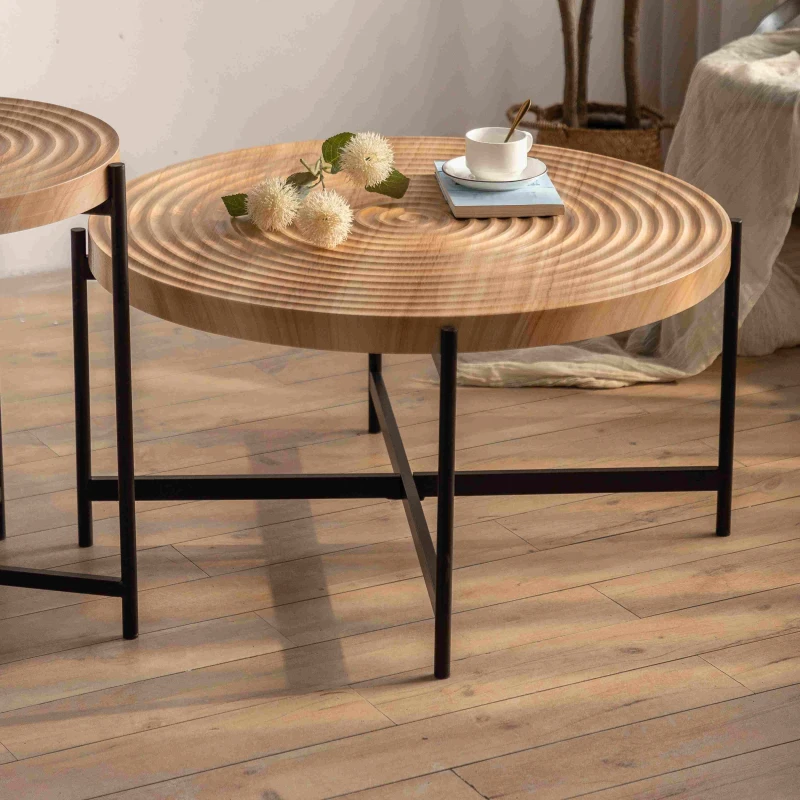 33" Modern Thread Design Round Coffee Table, MDF Table Top with Cross Legs Metal Base, Easy Assembly and Maintenance, Natural