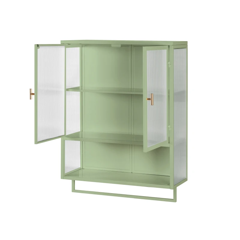 23.62" Modern Two-Door Wall Cabinet with Two-Tier Enclosed Storage, Open Shelf, and Towel Rack, Iron and Tempered Glass for Living Room, Dining Room, Bathroom, 23.62"L x 9.06"W x 30.71"H, Green