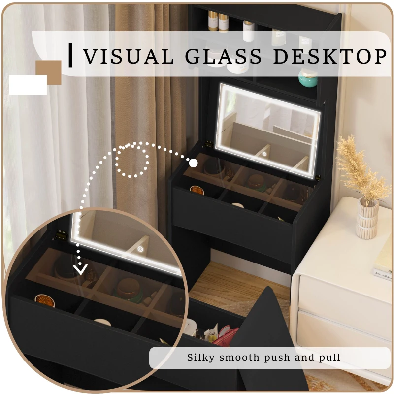 Dressing Table with Flip Top LED Mirror, Vanity Table with Storage, Removable Upholstered Stool, 3 Lighting Modes, 23.62" x 15.75" x 62.99", Black