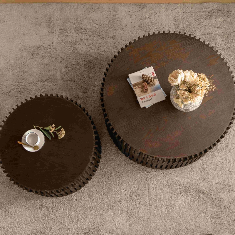 Vintage Cylindrical Nesting Coffee Table Set with Vertical Textured Embossed Design, No Assembly Required, Dark Brown