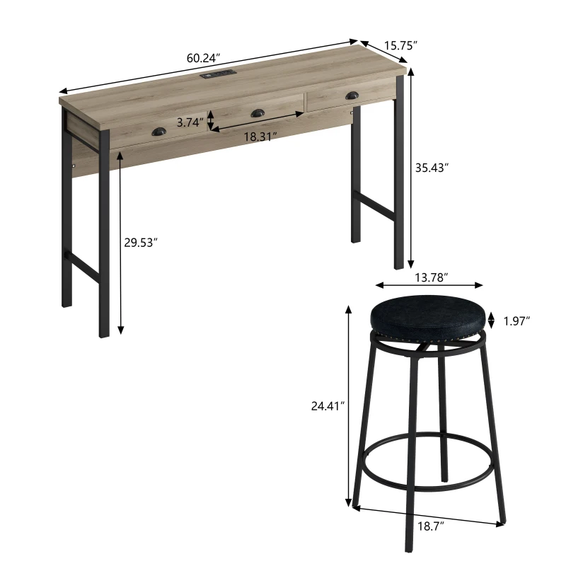 3-Drawer Long Dining Table Set with Power Outlets, Circular PU Stools, Easy Assemble, 60.24"L x 15.75"W x 35.43"H, Black