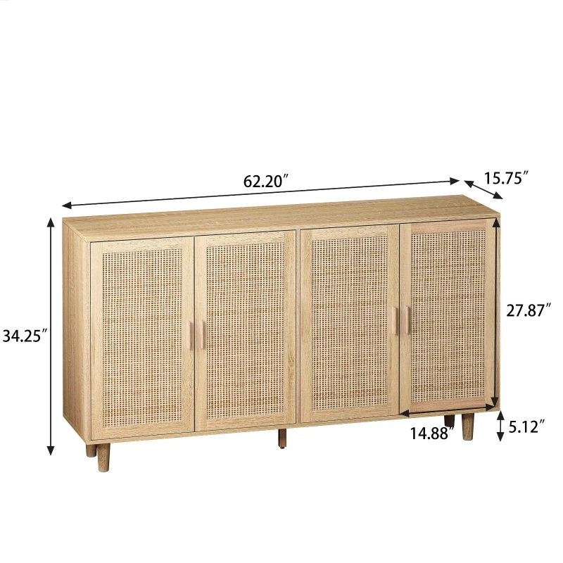 Elegant 4-Door Rattan Storage Cabinet, Adjustable Shelves, Easy Assembly, 62.20"L x 15.75"W x 34.25"H, Natural