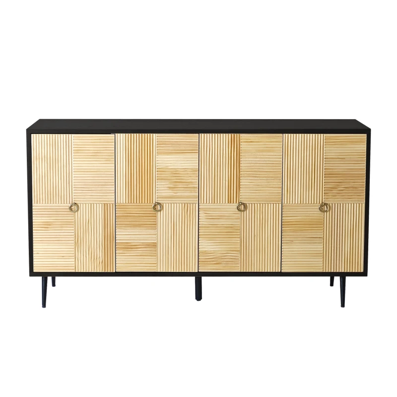 Elegant Vintage 4-Door Cabinet with Carved Pine Panels, Light Reflection Effect, Versatile Storage, and Easy Assembly, 59.84"L x 15.75"W x 32.28"H, Black