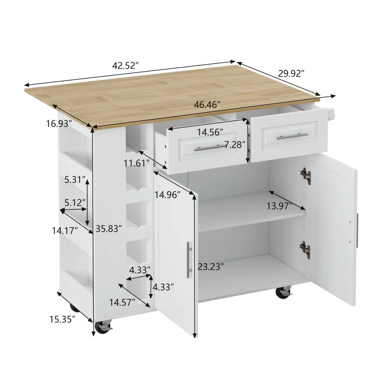 Multi-Functional Kitchen Island Cart with 2 Door Cabinet, Drawers, Spice Rack, Towel Holder, Wine Rack, Foldable Rubberwood Table Top, 46.46"L x 16.93"W x 35.83"H, White