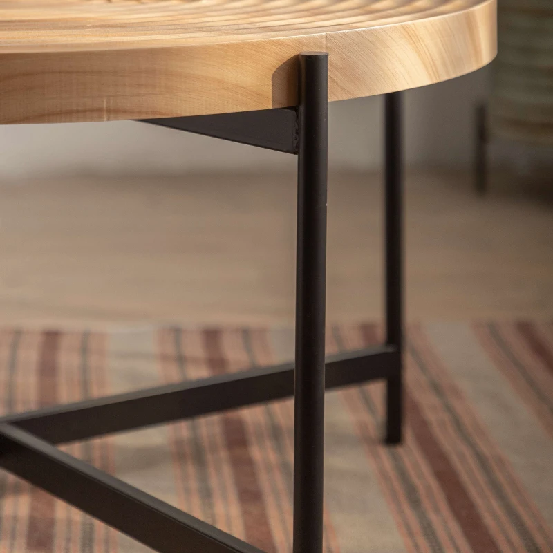 33" Modern Thread Design Round Coffee Table, MDF Table Top with Cross Legs Metal Base, Easy Assembly and Maintenance, Natural