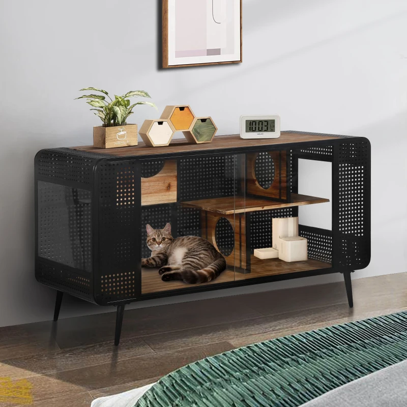 Spacious Cat House with Tempered Glass, Modern Style, Sturdy Fir Wood and Iron Frame, 55.12"L x 22.83"W x 29.92"H, Black+Brown