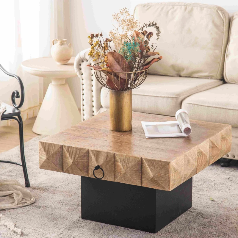 32.28" Square Retro Coffee Table with 2 Drawers, Three-Dimensional Embossed Pattern, MDF Base, 32.28" x 32.28" x 18.3", Natural