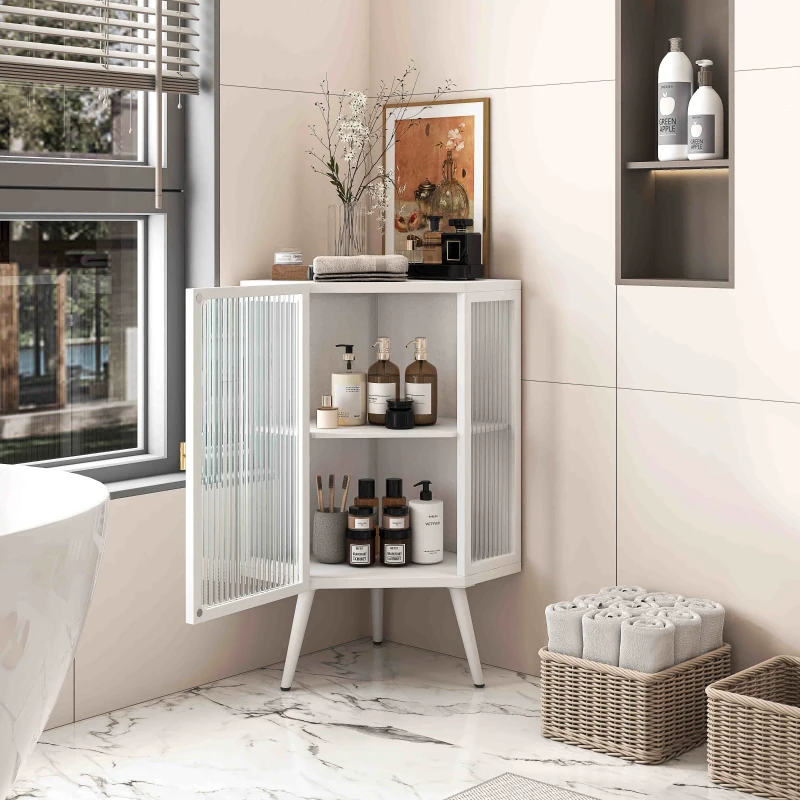 22.25" Floor Corner Cabinet with Tempered Glass Door, Storage Shelves for Bathroom, Living Room, Bedroom, Easy Assembly, 31.5" H, White