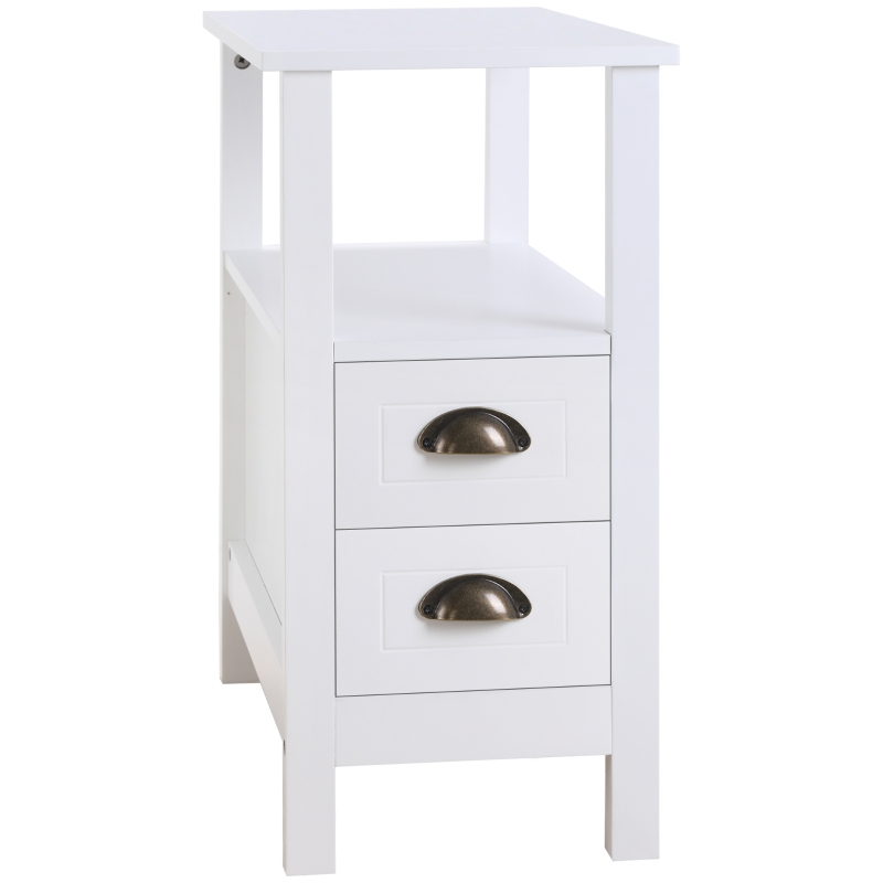 HOMCOM Slim End Table with 2 Drawers and Storage Shelf, Sofa Side Table for Living Room, Narrow Nightstand, White