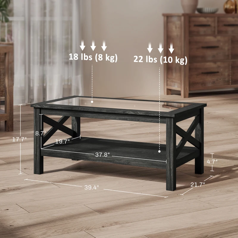 HOMCOM Coffee Table with Tempered Glass Tabletop, Living Room Table with Wood Frame and Underneath Storage Shelf, Black