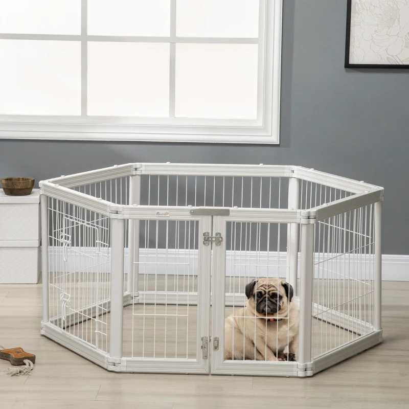 PawHut Dog Playpen, 6 Panels 24.5" Heavy Duty Pet Playpen, Foldable Dog Exercise Pen with Door Indoor Outdoor, White