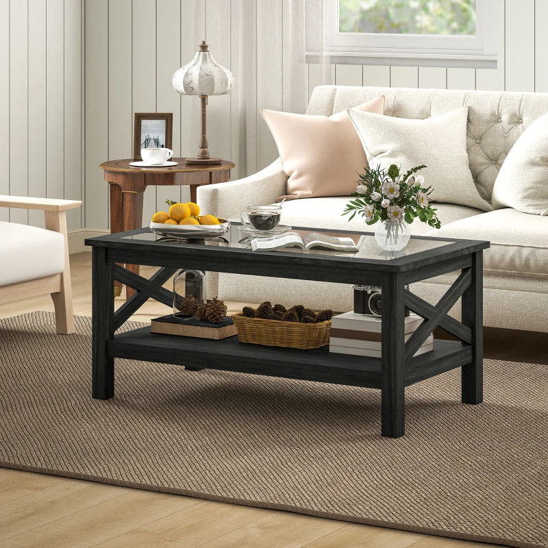 HOMCOM Coffee Table with Tempered Glass Tabletop, Living Room Table with Wood Frame and Underneath Storage Shelf, Black