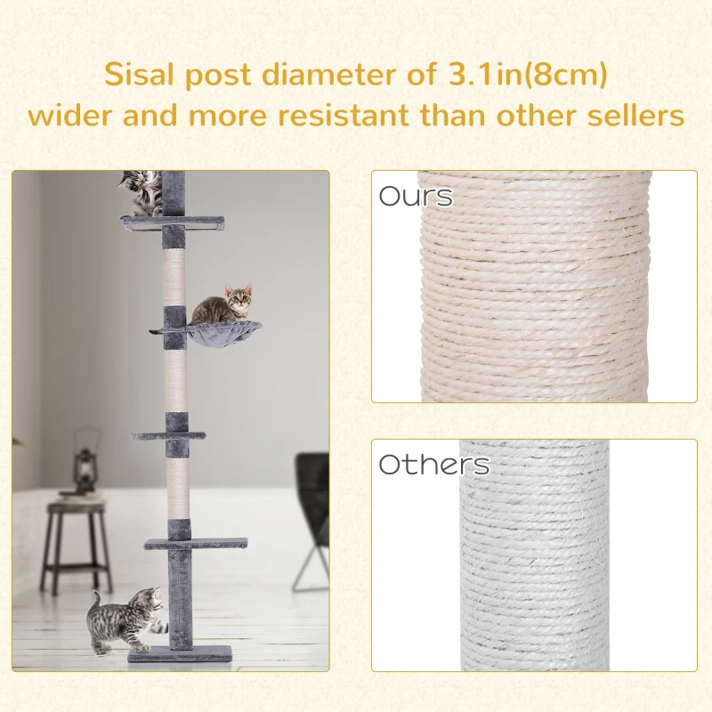 PawHut 8.5ft Cat Climbing Tree 5-Tier Cat Activity Center Floor-to-Ceiling Cat Climber Toy with Scratching Post Play Rest Post Pet Furniture Grey