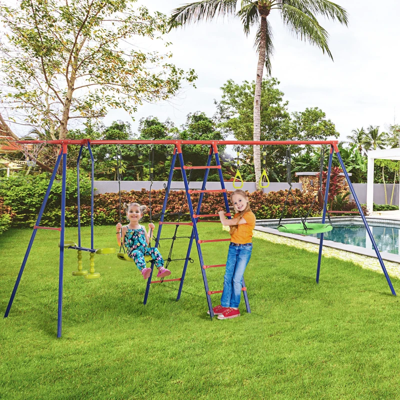 Outsunny 6 In 1 Swing Set for Kids Outdoor, Metal Swing Frame with Saucer Swing, Climbing Frame, Glider, Trapeze Bar, Basketball Hoop