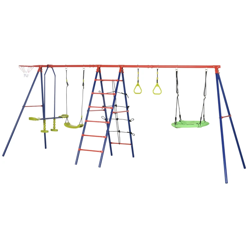Outsunny 6 In 1 Swing Set for Kids Outdoor, Metal Swing Frame with Saucer Swing, Climbing Frame, Glider, Trapeze Bar, Basketball Hoop