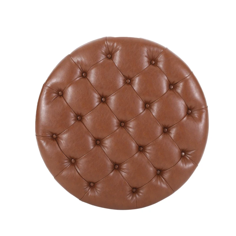Round Ottoman with Faux Leather Upholstery, Button Tufting, Rubberwood Frame, and Open Shelf, Contemporary Design, 32" L x 32" W x 17" H, Light Brown
